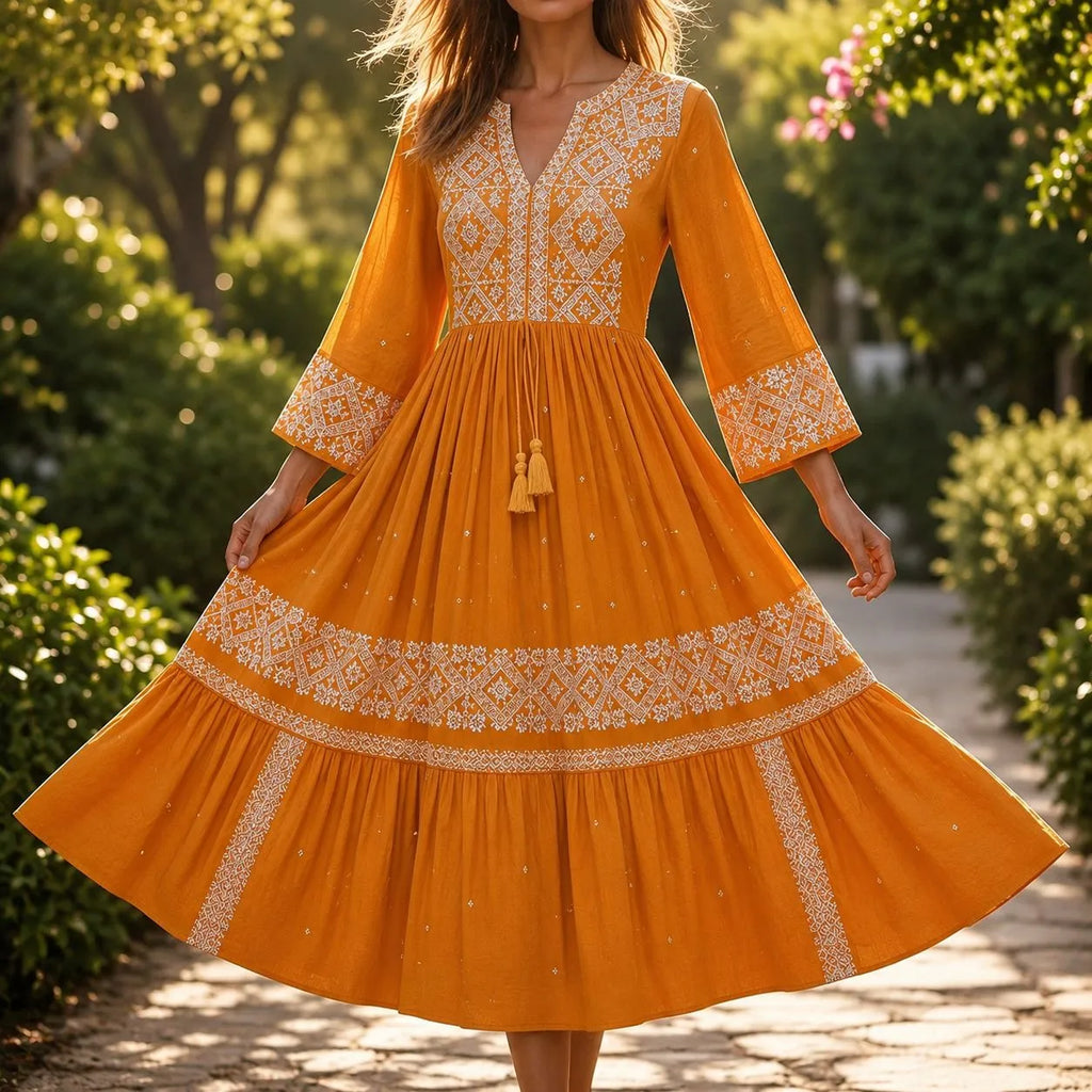 Rochie lunga tip ie traditionala - Adina portocaliu 02