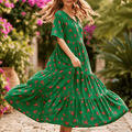 Rochie Nationala lunga verde cu imprimeu floral, croi lejer - Paula 04