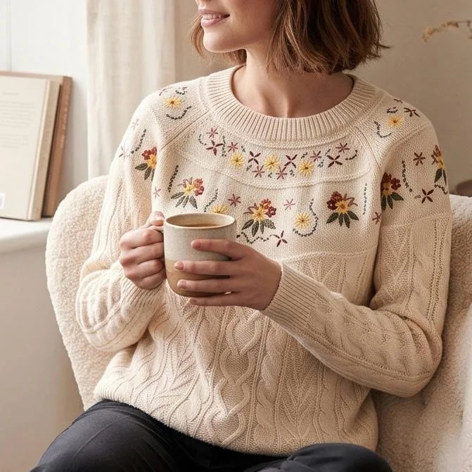 Pulover brodat, crem din tricot - Silvia