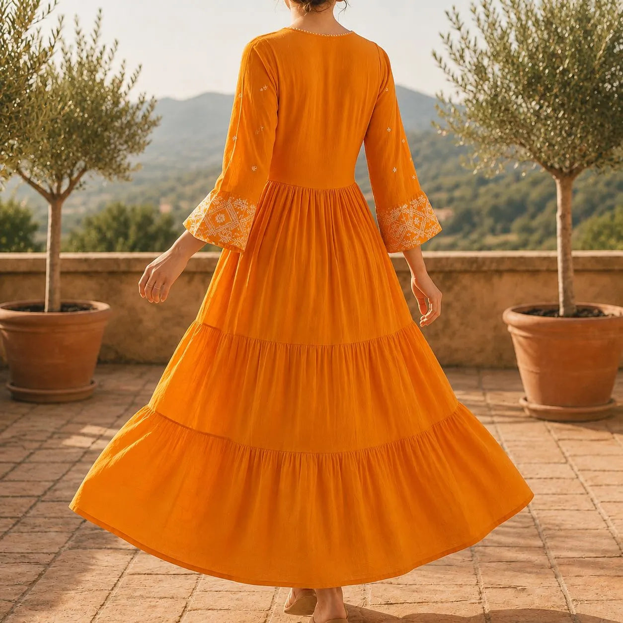 Rochie lunga tip ie traditionala - Adina portocaliu 02
