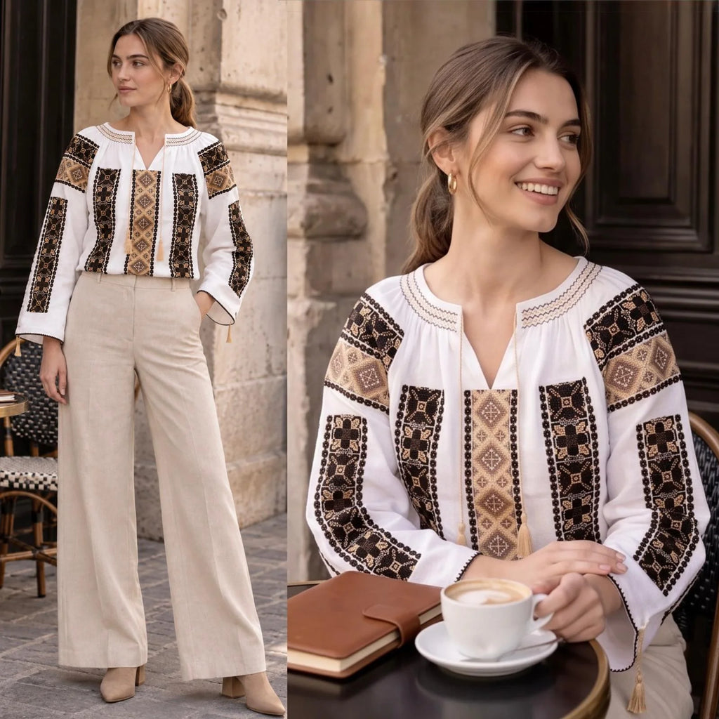 IE Traditionala alba cu broderie geometrica - Ramona