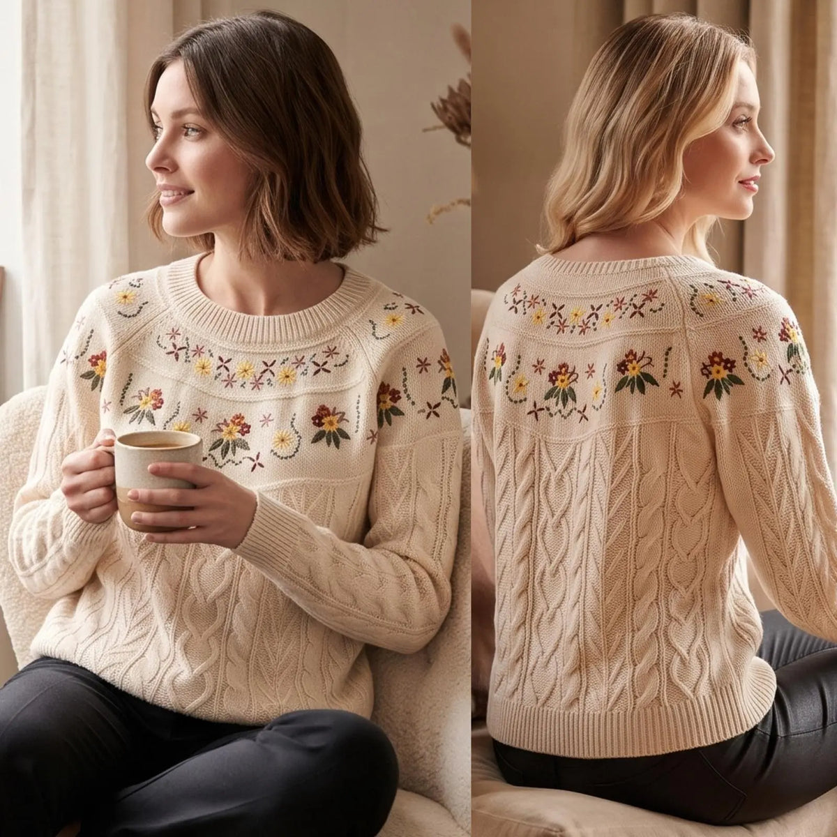 Pulover brodat, crem din tricot - Silvia