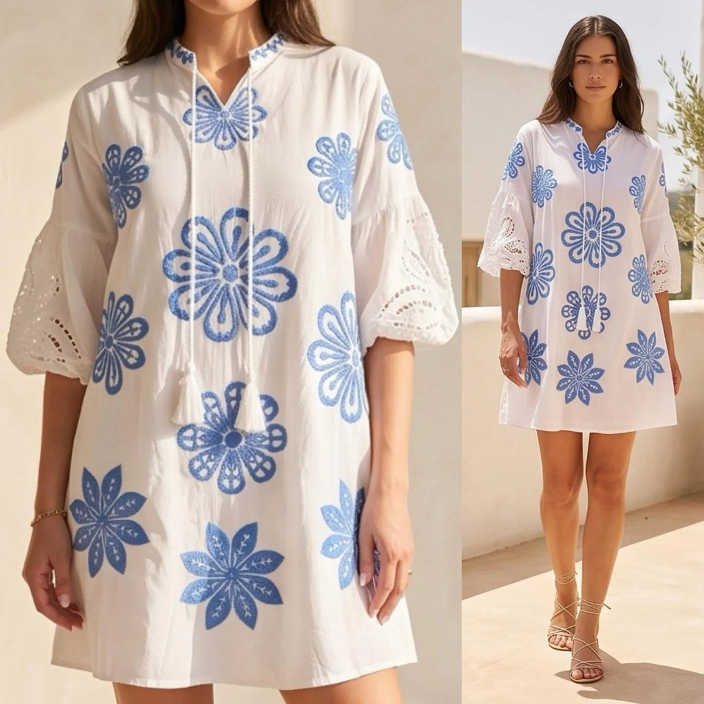 Rochie scurta cu broderie florala - Clara alb