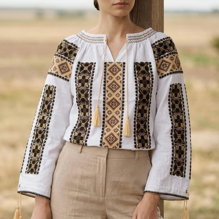 IE Traditionala alba cu broderie geometrica - Ramona