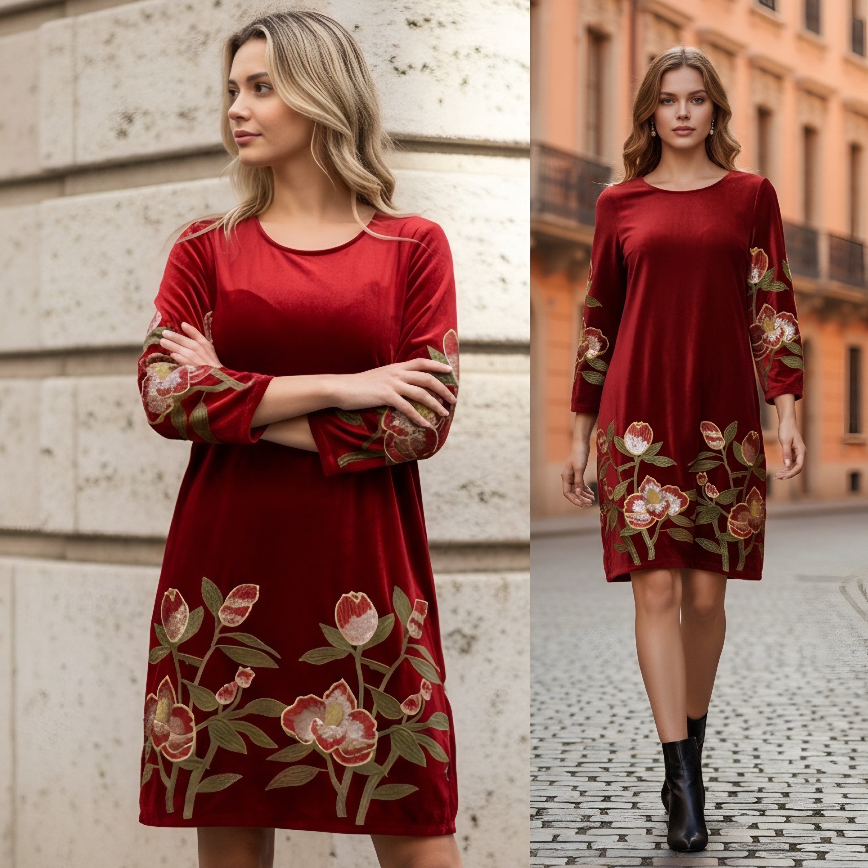 Rochie brodata din catifea rosie cu broderie florala - Tania rosu 02
