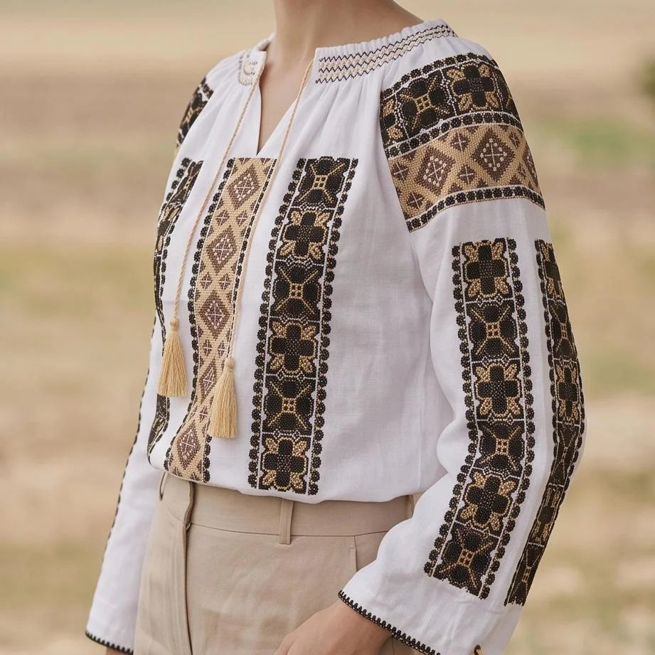 IE Traditionala alba cu broderie geometrica - Ramona