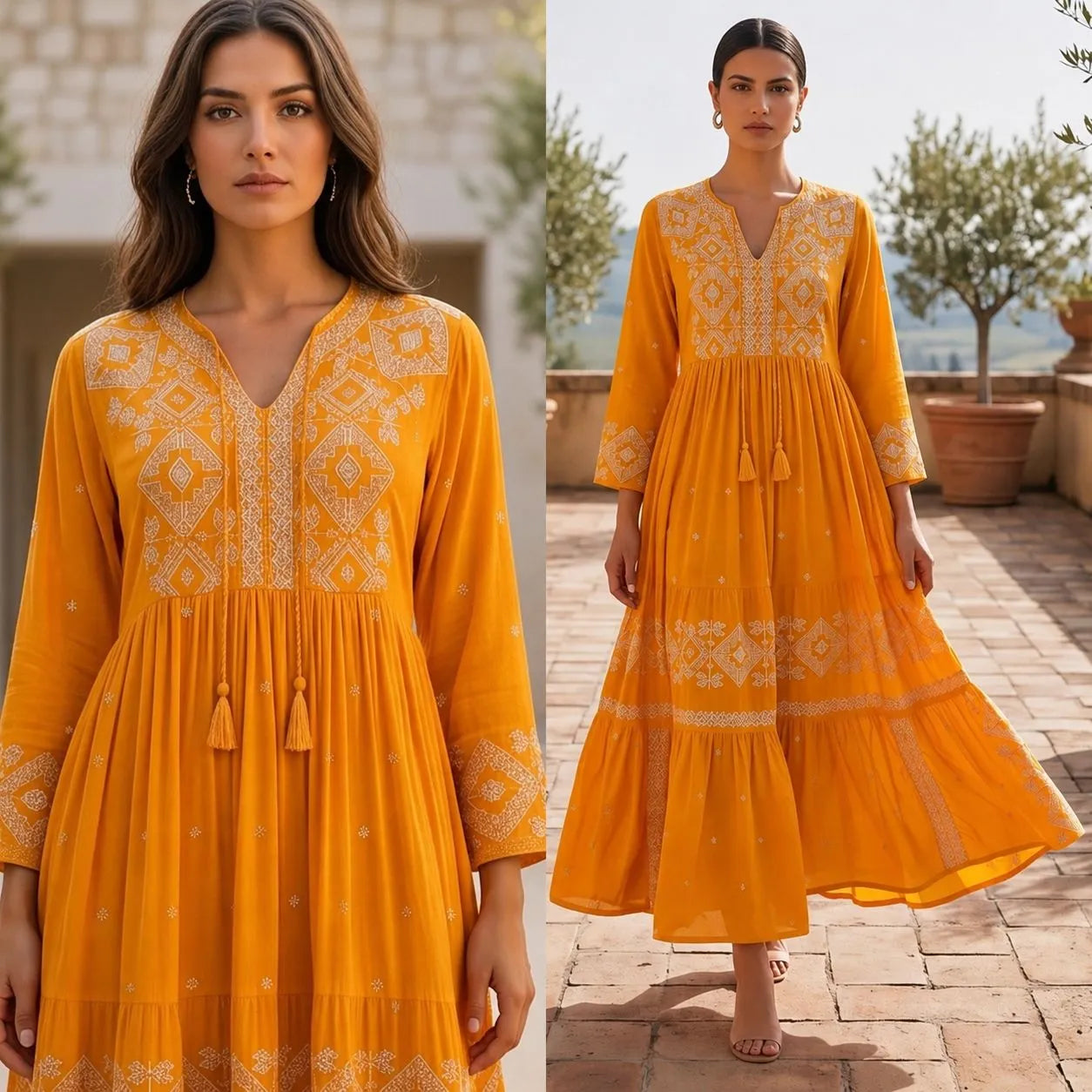 Rochie lunga tip ie traditionala - Adina portocaliu 02