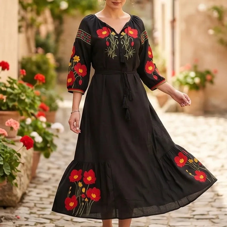 Rochie lunga tip ie traditionala - Magda negru