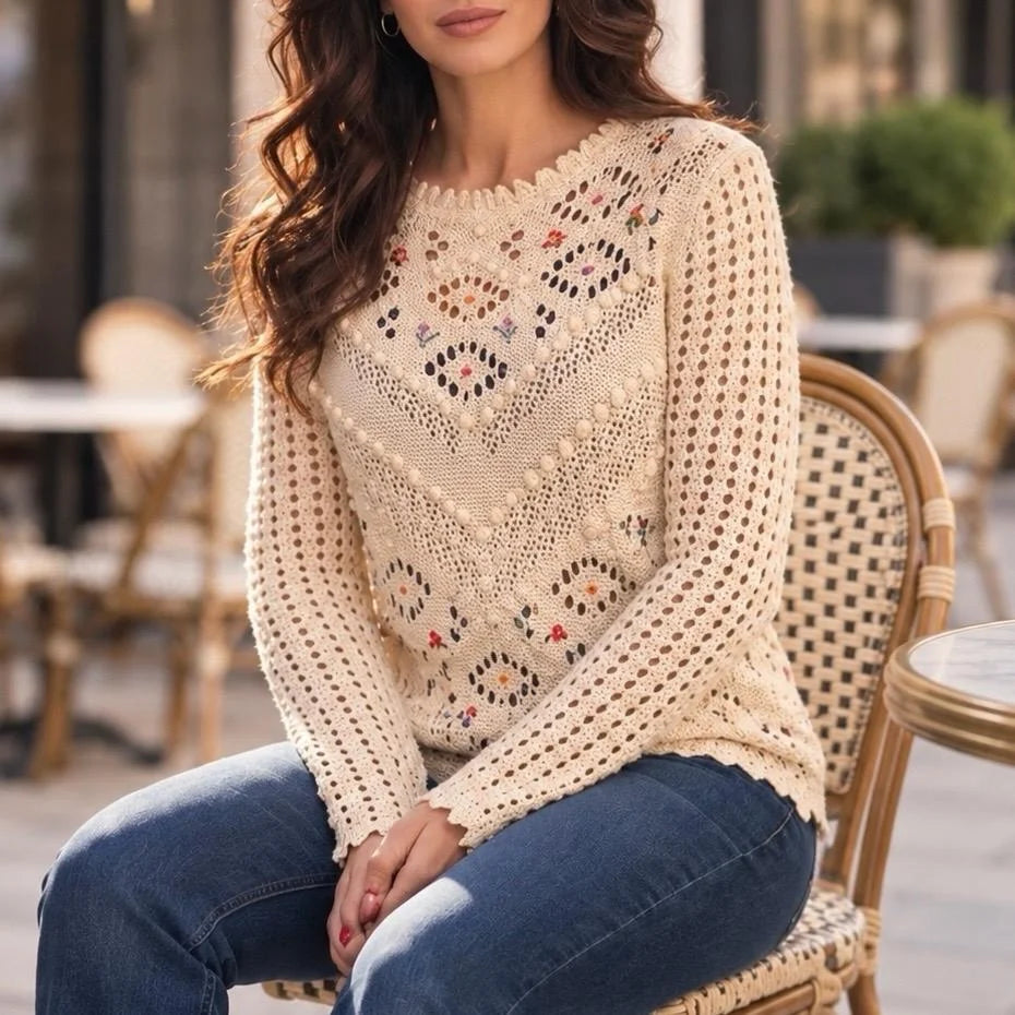 Pulover brodat, crem din tricot si broderie florala - Laura 02