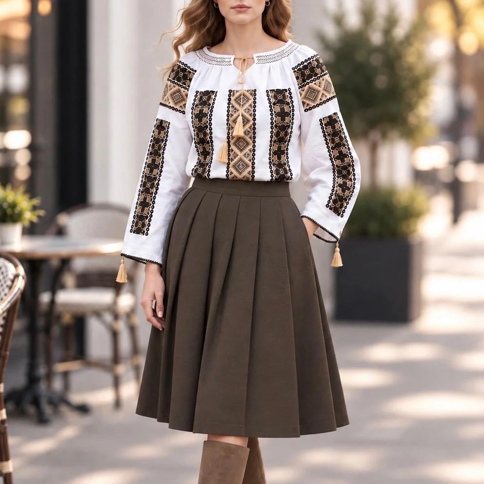 IE Traditionala alba cu broderie geometrica - Ramona