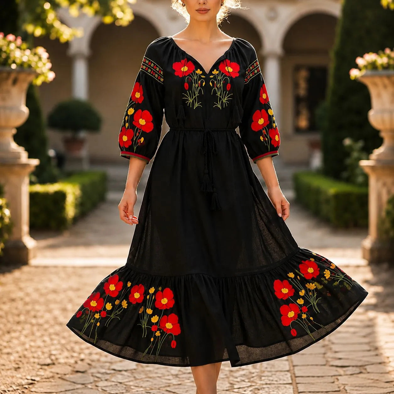 Rochie lunga tip ie traditionala - Magda negru