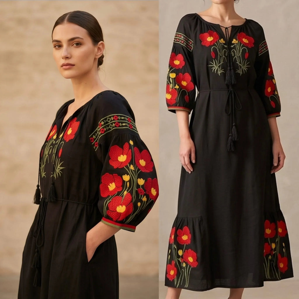 Rochie lunga tip ie traditionala - Magda negru