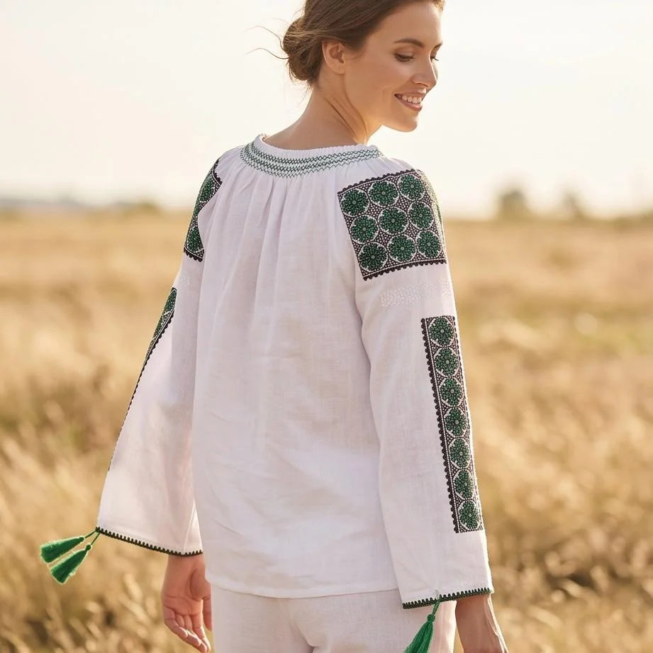 IE Traditionala alba cu maneca lunga - Rodica verde 01