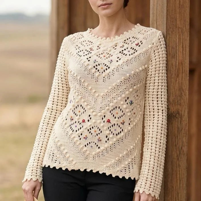 Pulover brodat, crem din tricot si broderie florala - Laura 02