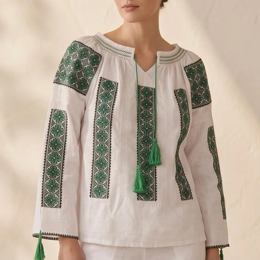 IE Traditionala alba cu maneca lunga - Rodica verde 01