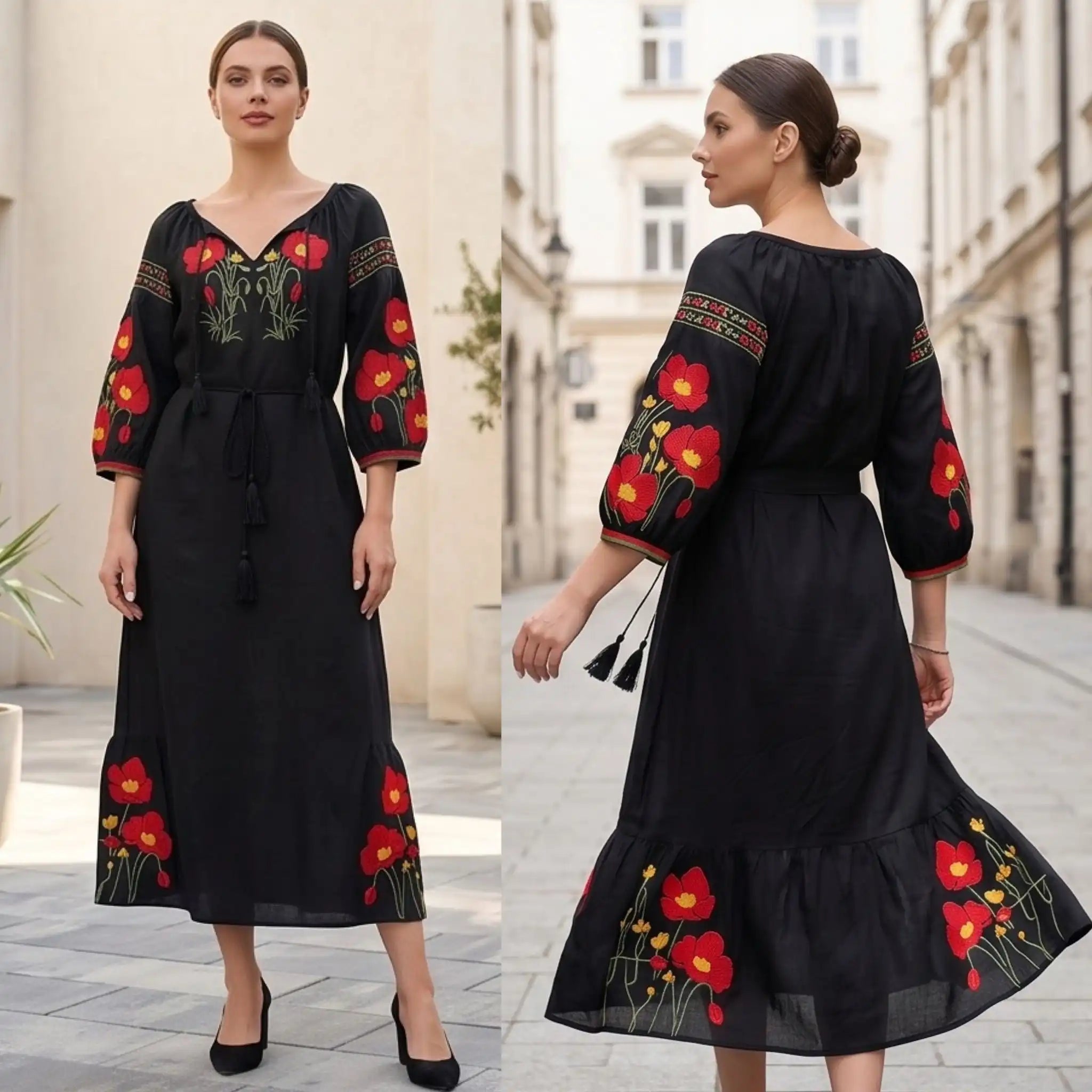 Rochie lunga tip ie traditionala - Magda negru