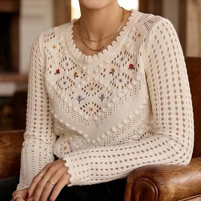 Pulover brodat, ivory din tricot si broderie florala - Laura