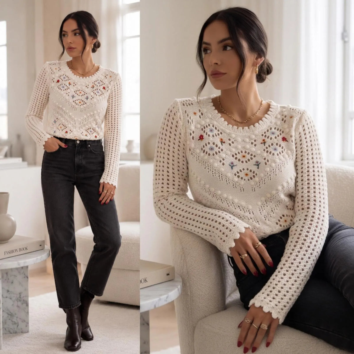 Pulover brodat, ivory din tricot si broderie florala - Laura
