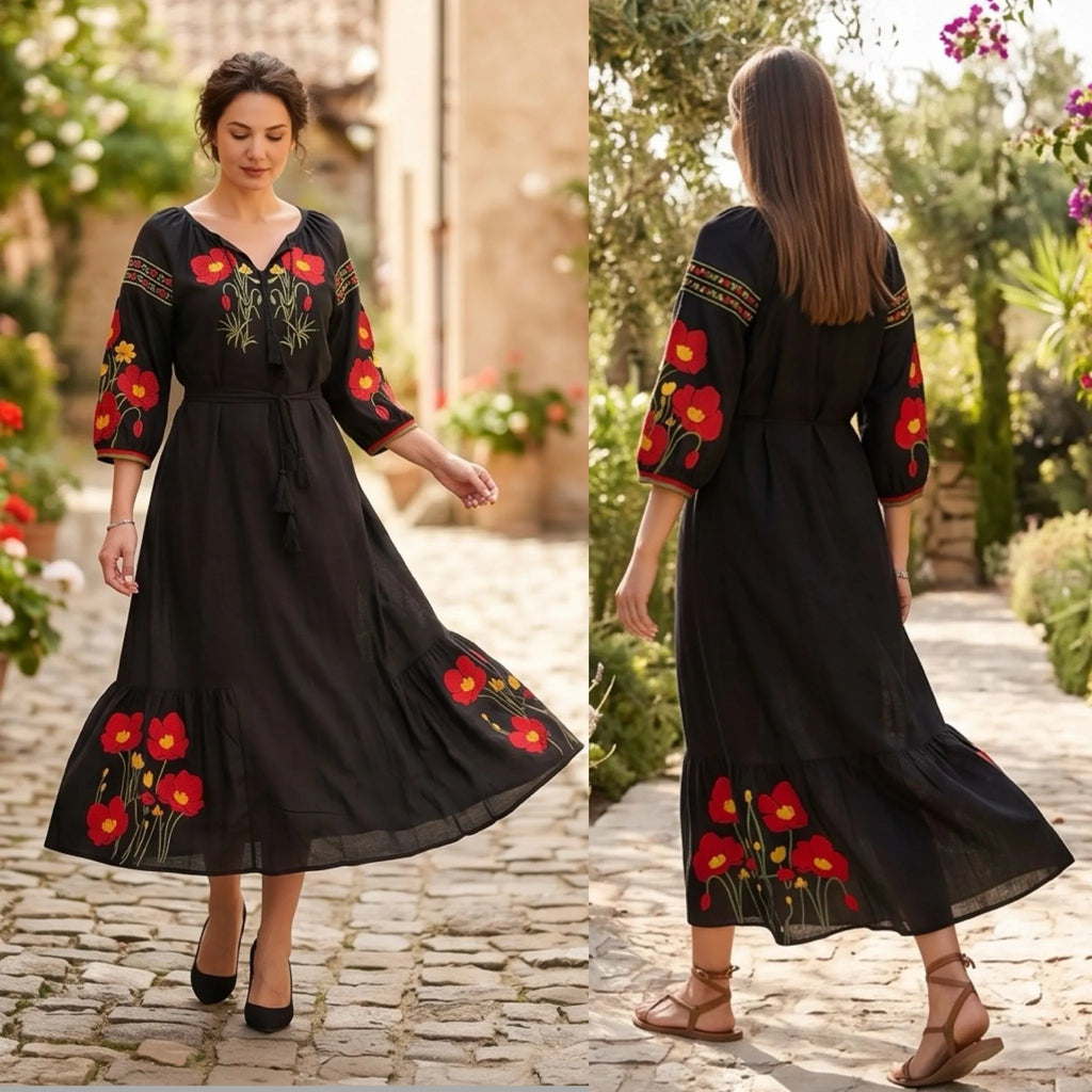 Rochie lunga tip ie traditionala - Magda negru