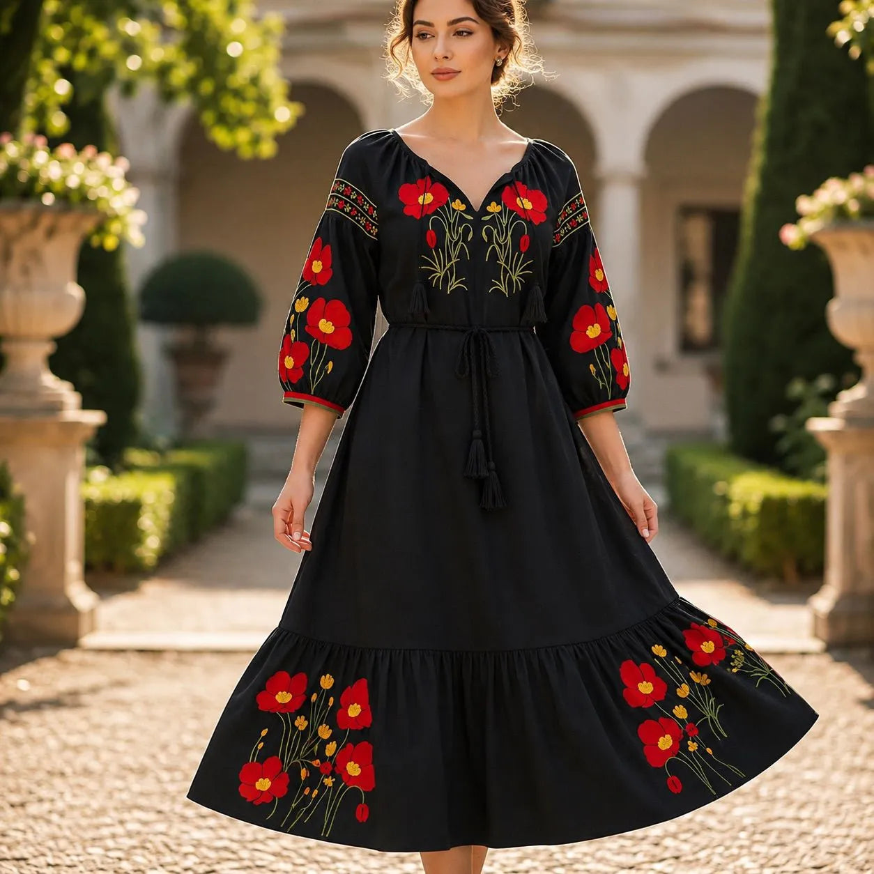 Rochie lunga tip ie traditionala - Magda negru