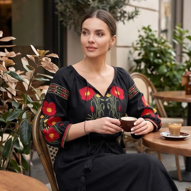 Rochie lunga tip ie traditionala - Magda negru