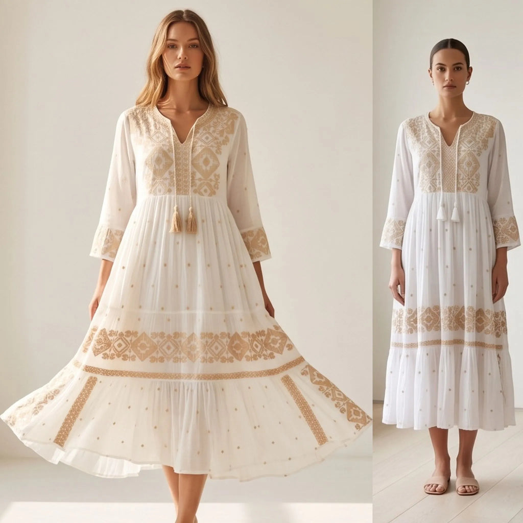 Rochie lunga tip ie traditionala - Adina alb 01