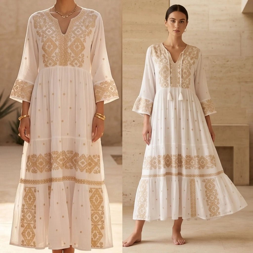 Rochie lunga tip ie traditionala - Adina alb 01