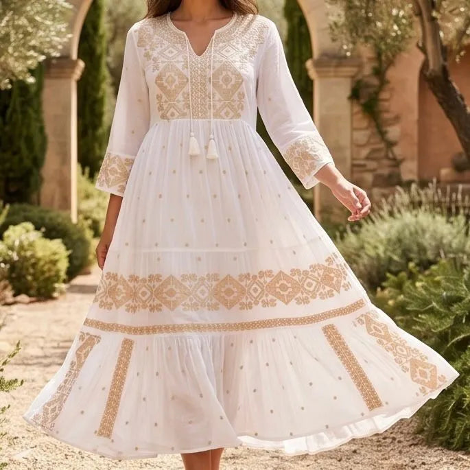 Rochie lunga tip ie traditionala - Adina alb 01