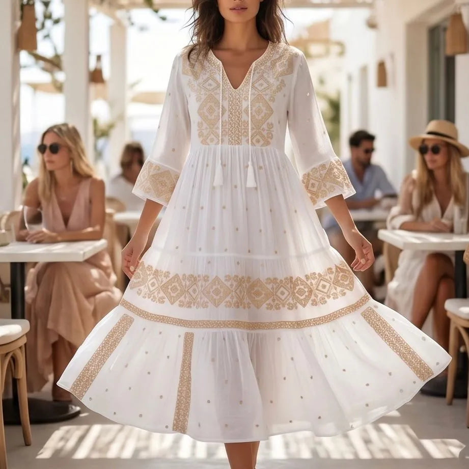 Rochie lunga tip ie traditionala - Adina alb 01