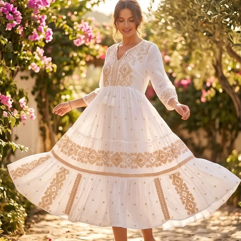 Rochie lunga tip ie traditionala - Adina alb 01