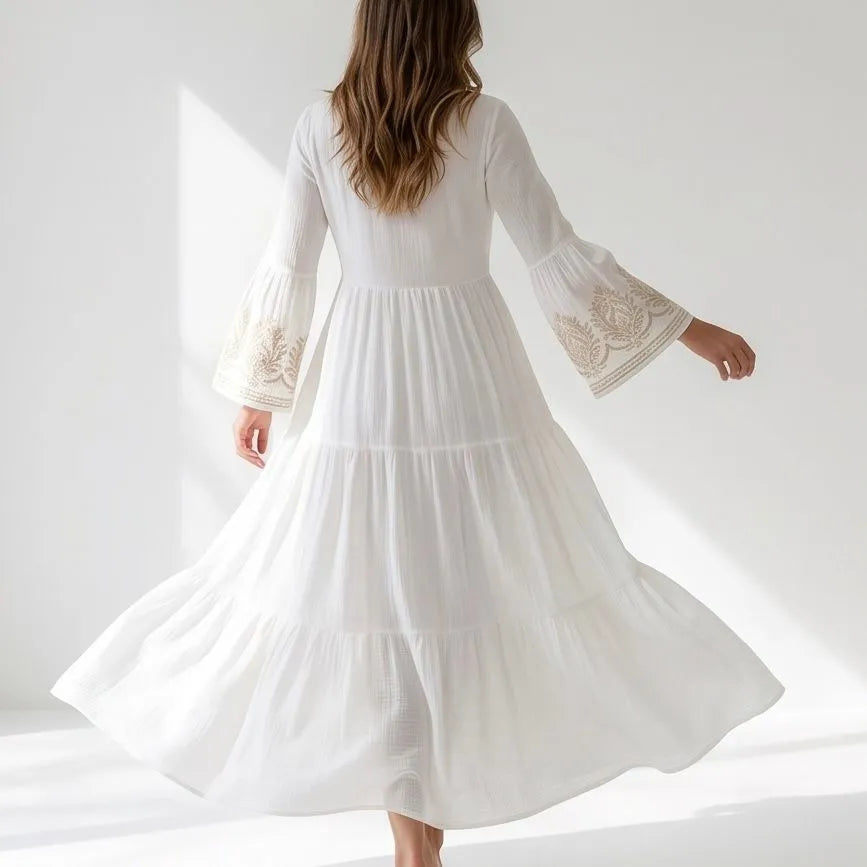 Rochie lunga tip ie traditionala - Adina alb 01