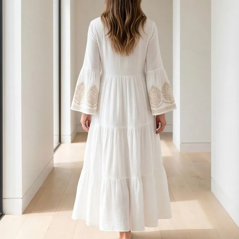 Rochie lunga tip ie traditionala - Adina alb 01