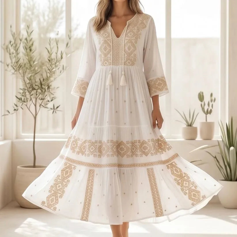 Rochie lunga tip ie traditionala - Adina alb 01