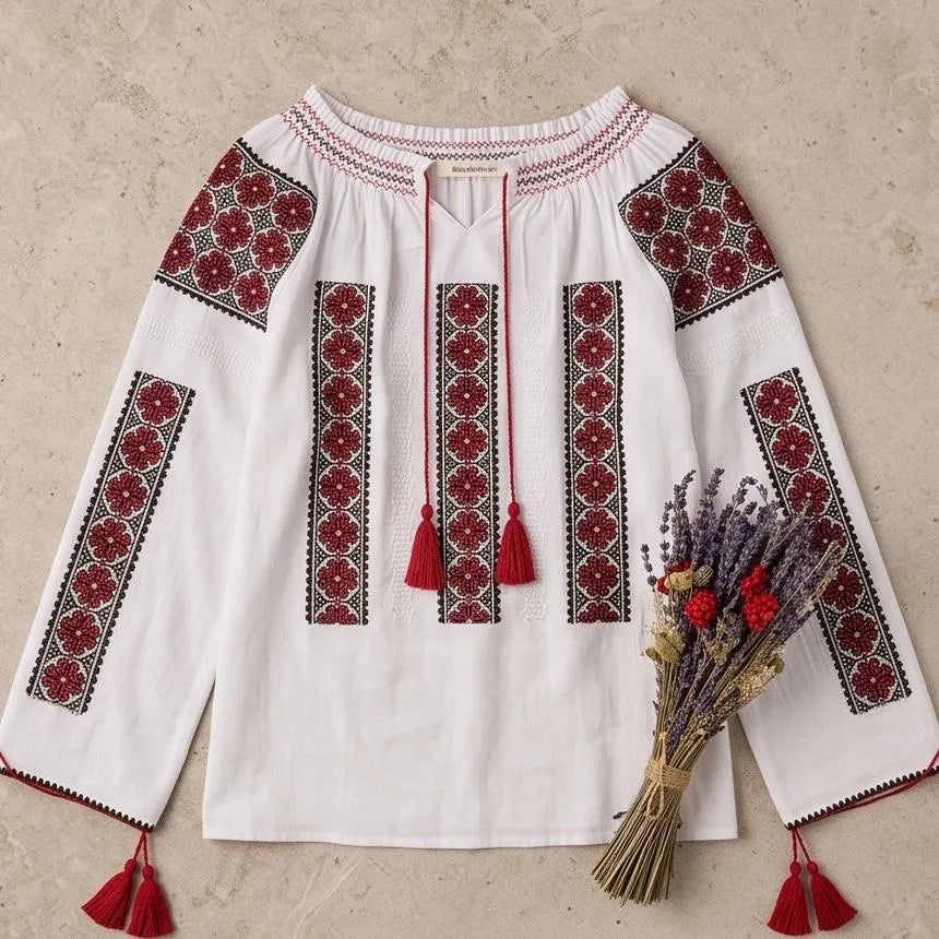 IE Traditionala alba cu maneca lunga - Rodica rosu 02