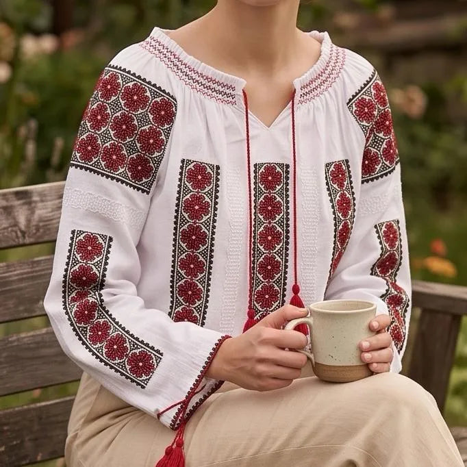 IE Traditionala alba cu maneca lunga - Rodica rosu 02