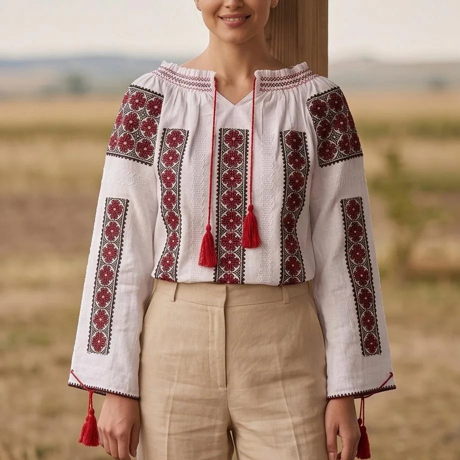 IE Traditionala alba cu maneca lunga - Rodica rosu 02