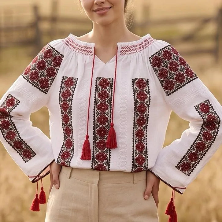 IE Traditionala alba cu maneca lunga - Rodica rosu 02