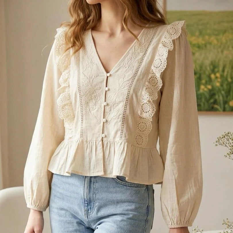 Bluza tip IE Nationala cu flori brodate - Laura crem