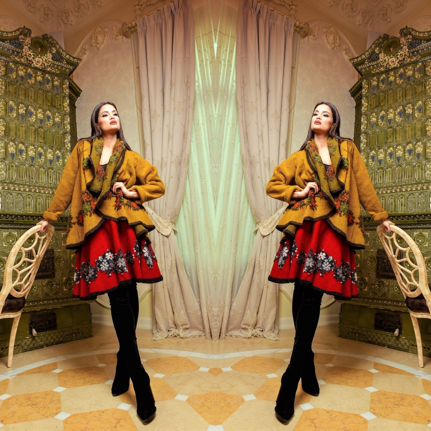 Poncho din lana cu maneci - galben