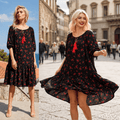 Rochie neagra cu volan, tip ie si imprimeu floral rosu , rochie tip ie - Paula