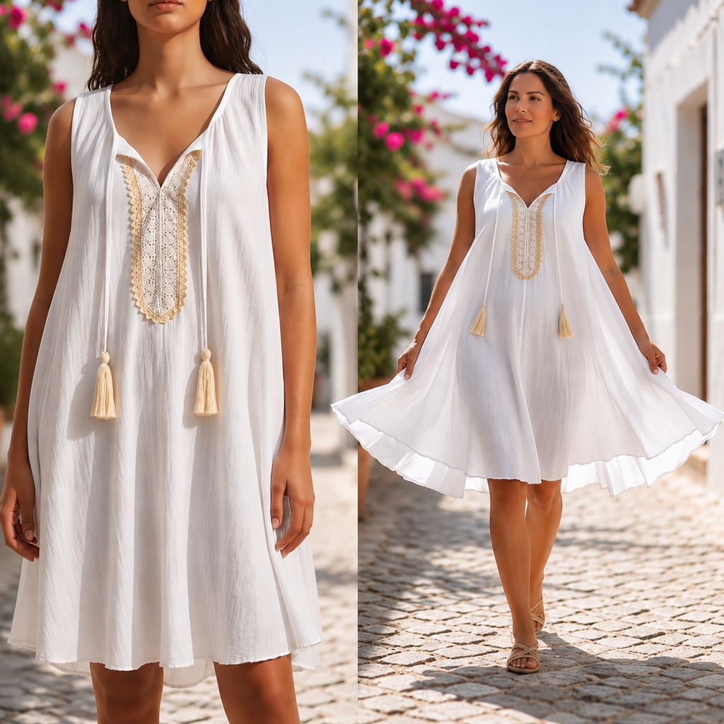 Rochie alba din panza topita cu dantela tesuta - Dana