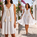 Rochie alba din panza topita cu dantela tesuta - Dana