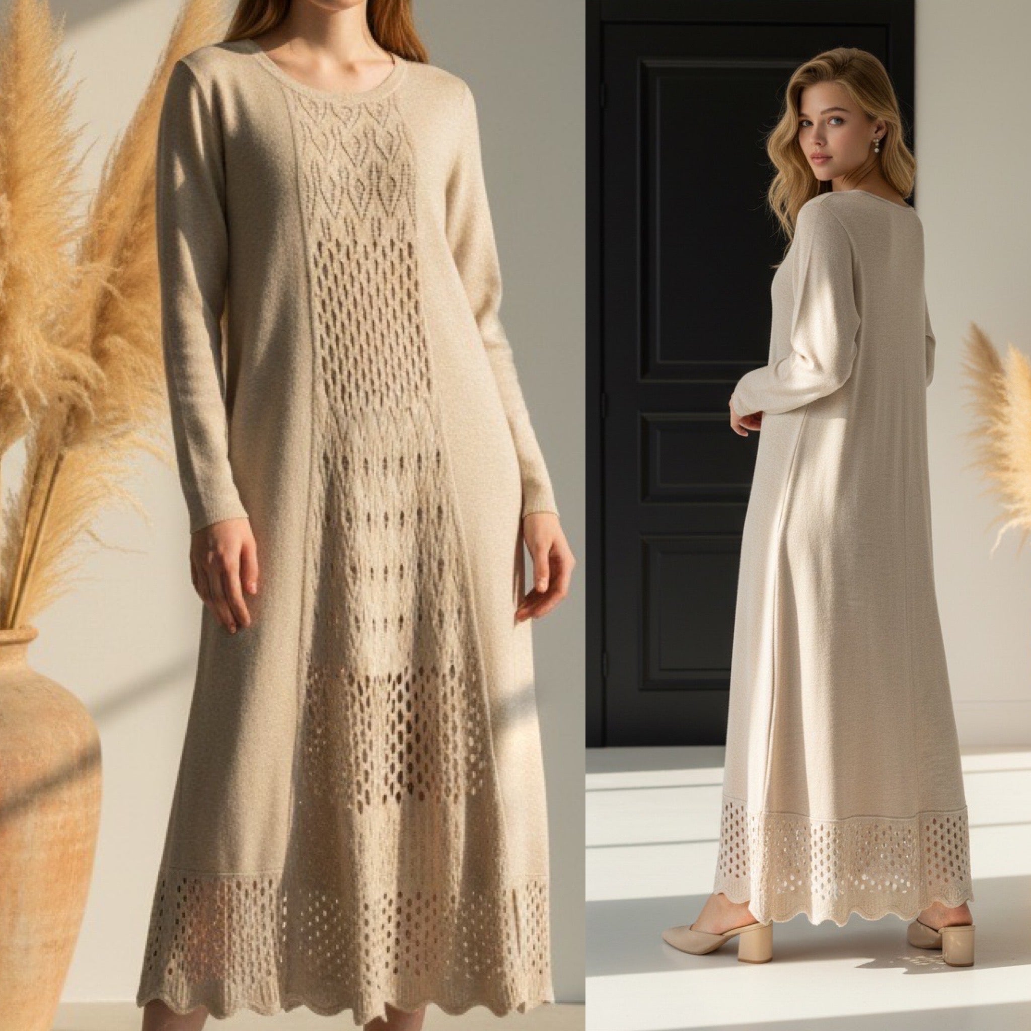 Rochie lunga din tricot crem cu model crosetat - Nicolle 01