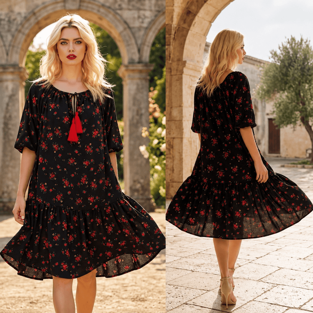 Rochie neagra cu volan, tip ie si imprimeu floral rosu , rochie tip ie - Paula