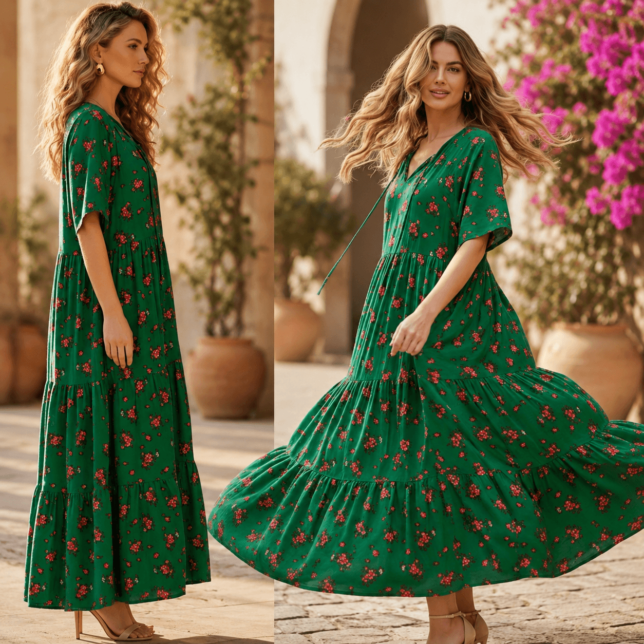Rochie Nationala lunga verde cu imprimeu floral, croi lejer - Paula 04