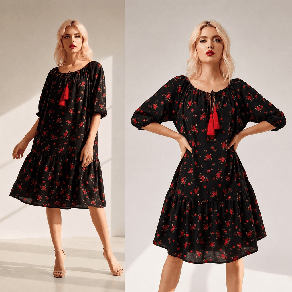 Rochie neagra cu volan, tip ie si imprimeu floral rosu , rochie tip ie - Paula