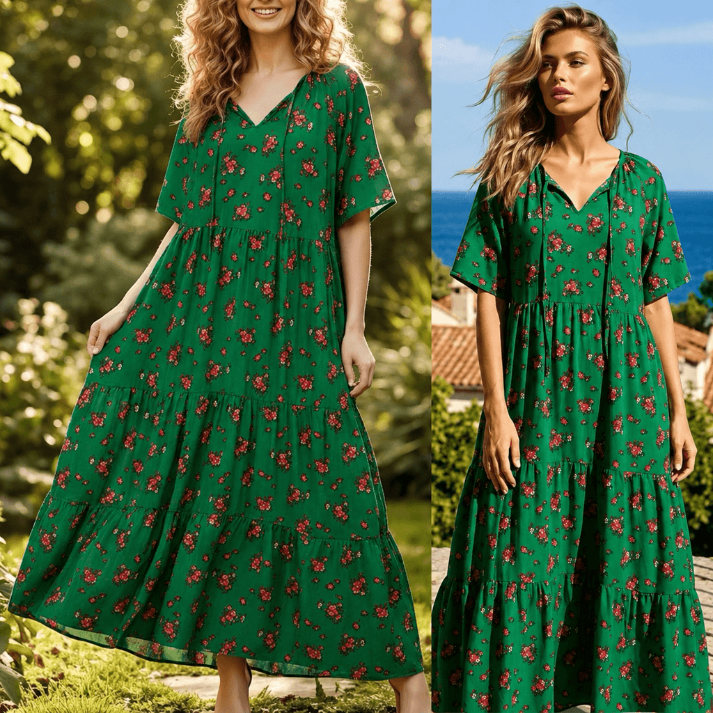 Rochie Nationala lunga verde cu imprimeu floral, croi lejer - Paula 04