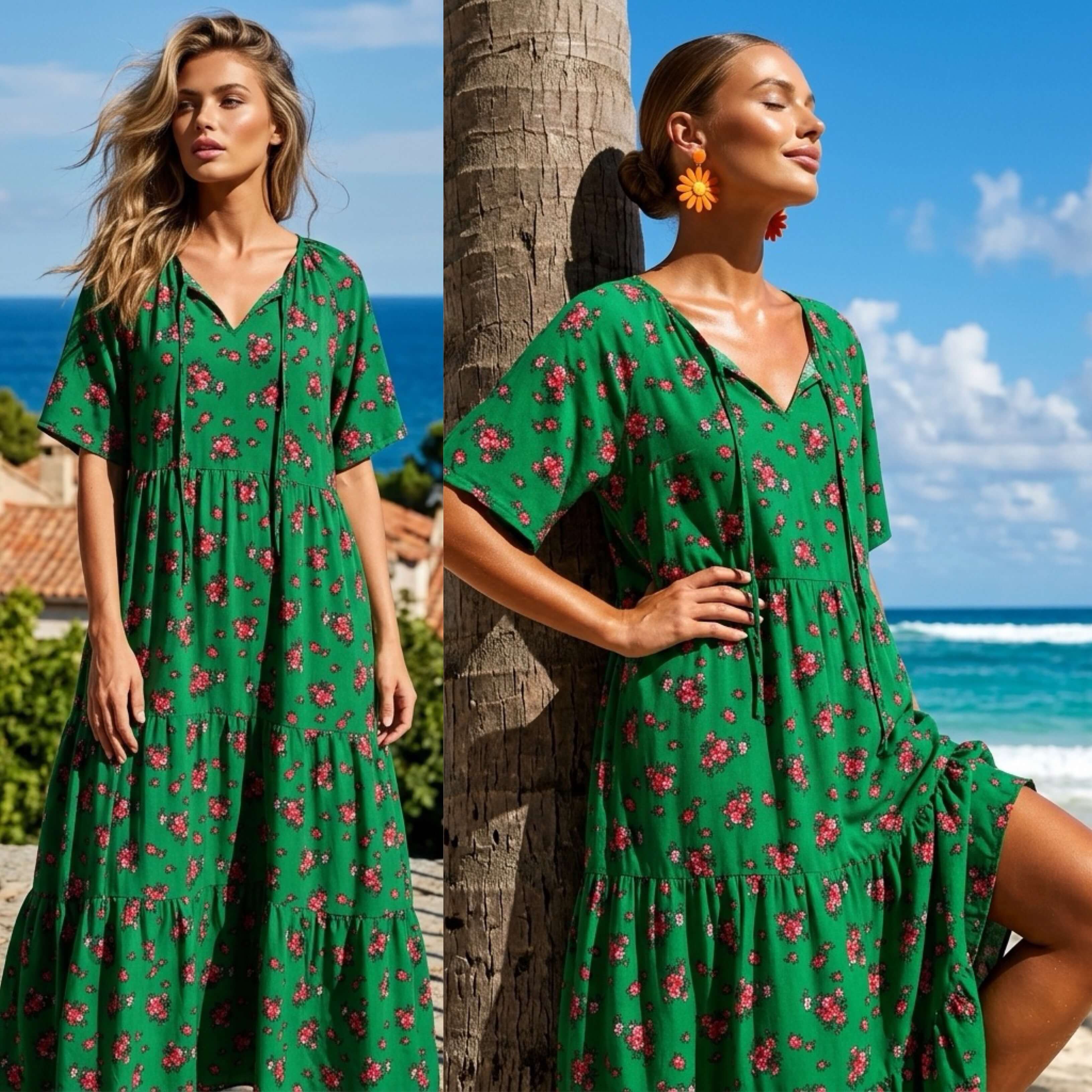 Rochie Nationala lunga verde cu imprimeu floral, croi lejer - Paula 04