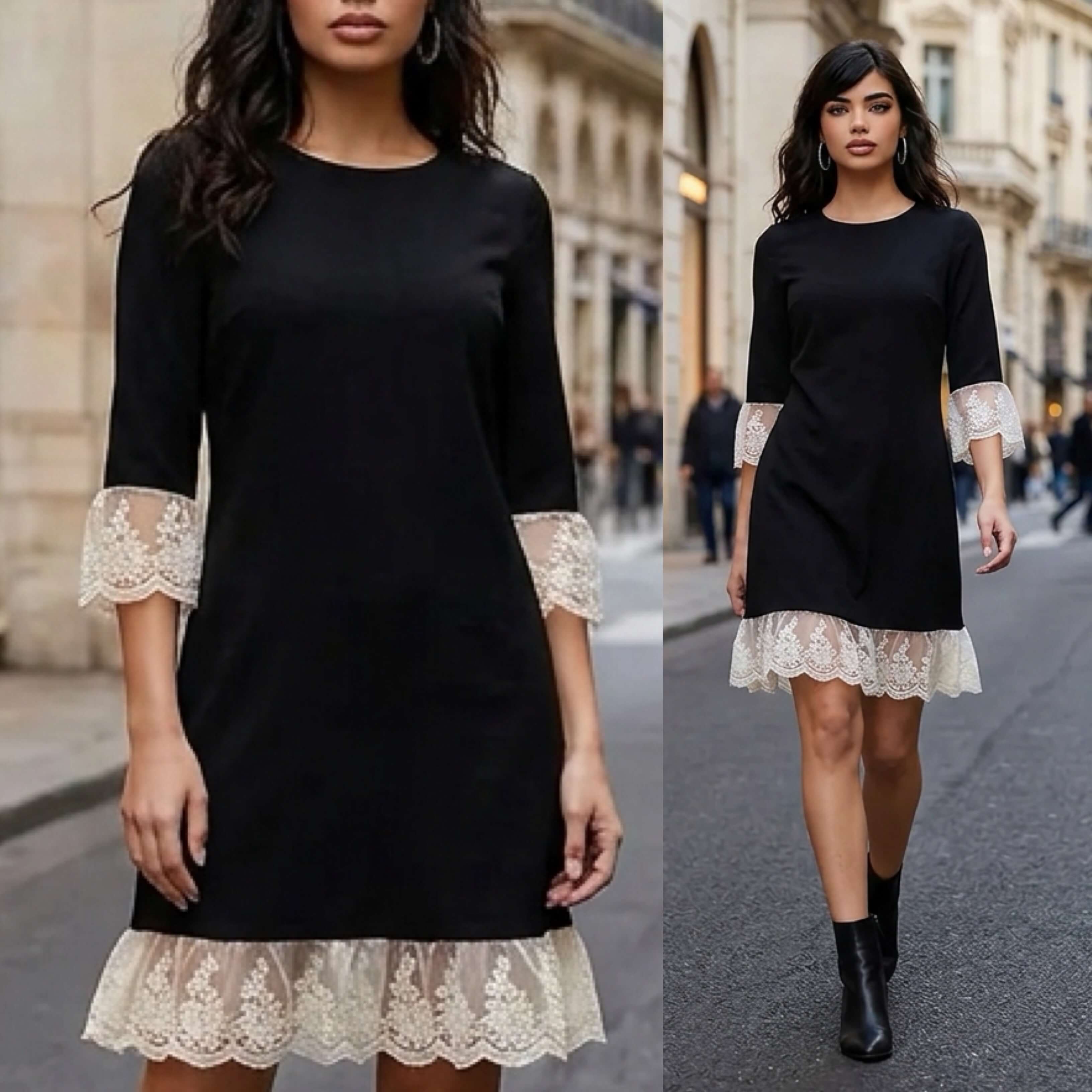 Rochie neagra din stofa cu dantela brodata - Paula 03
