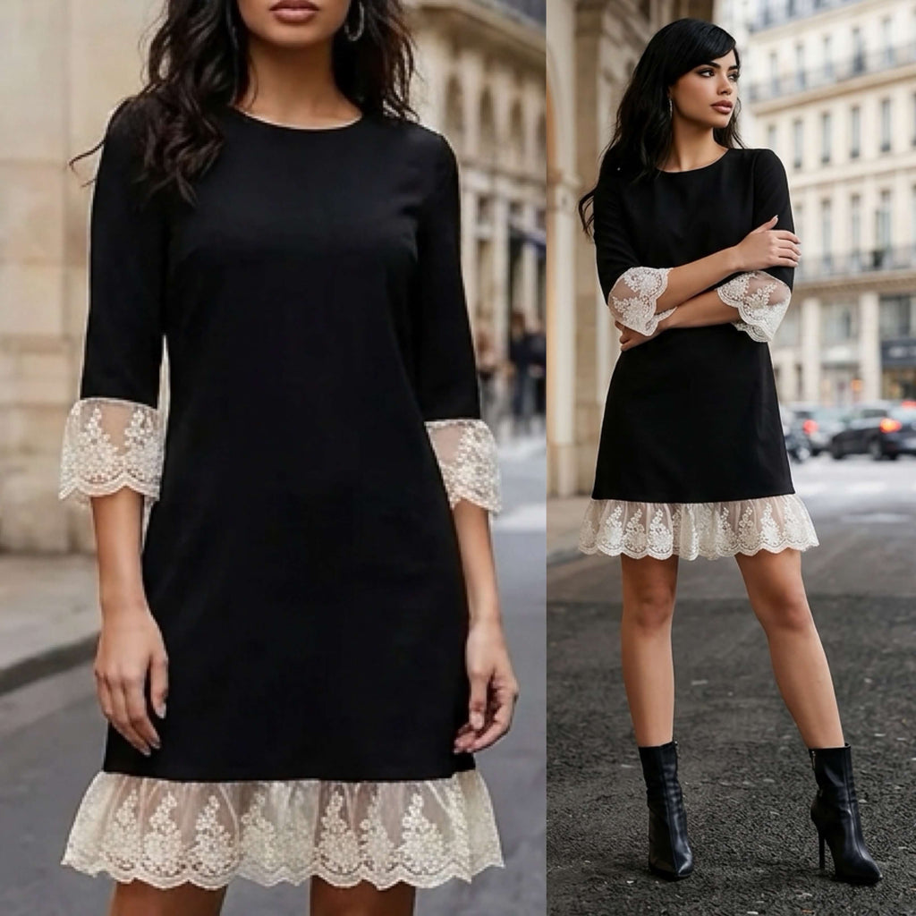 Rochie neagra din stofa cu dantela brodata - Paula 03